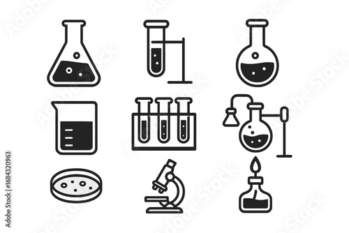 Laboratory Equipment Icons for Science and Chemistry Projects, Vector Illustration of Test Tubes, Flasks, Microscopes, Petri Dish, and Bunsen Burner on Transparent Background