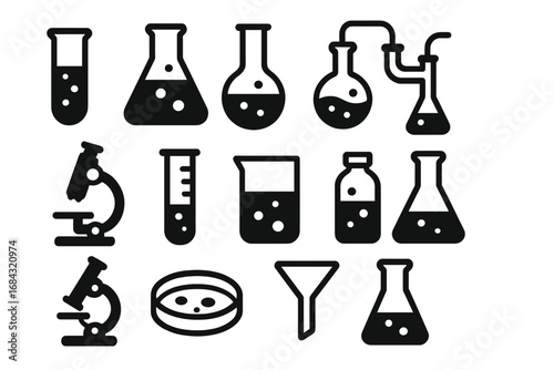Laboratory Equipment Icons Set for Science and Chemistry Projects, Vector Illustration with Microscope, Test Tubes, Flasks, Beakers, Petri Dish, and Funnel on Transparent Background