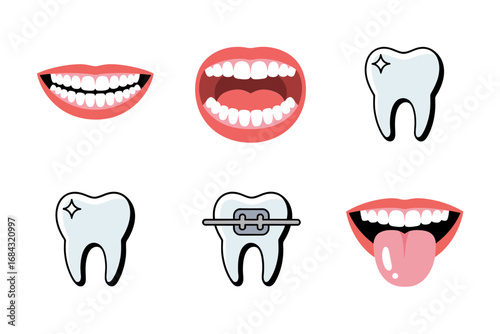 Toothcare smile icon set, enamel sparkling molar clipart, dental hygiene mouthwash floss toothbrush illustrations, pediatric dentistry friendly graphics