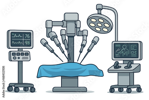 Advanced medical technology tools in a surgical environment with robotic arms and monitoring equipment for precise operations, futuristic surgical instruments vector cartoon illustration