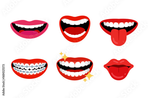 Bright smile icon collection, glossy lips open mouth, sparkling teeth, orthodontic braces styled, red lips kiss, dental health vector set