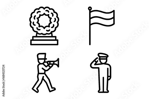 Public Ceremony Outline Icons Collection. Vector set of national commemoration symbols including wreath laying, waving flag, marching band musician, and saluting officer in line art style.