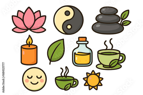 Relaxation and Wellness Symbols with Nature Elements, Zen Stones, Tea, Candle, and Oil Bottle, Colorful Vector Cartoon Illustration, Peaceful and Calming Design, Transparent Background