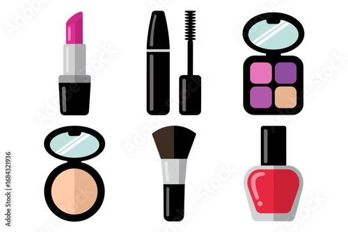 Makeup cosmetics icon set, lipstick mascara blush powder, foundation compact, nail polish bottle, beauty brush kit, feminine glamour essentials vector collection