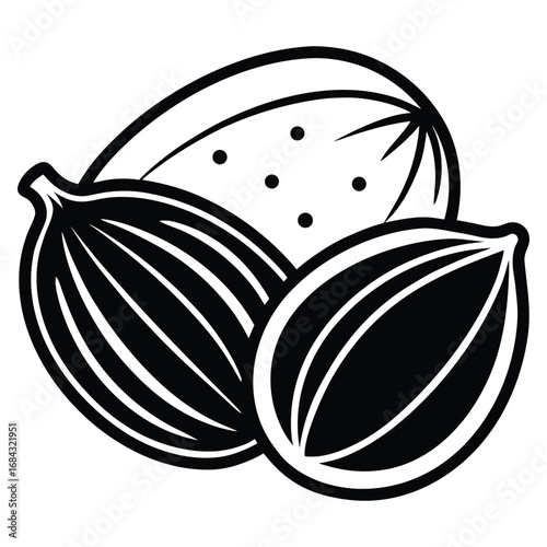 A black silhouette of a nutmeg spice on a white background