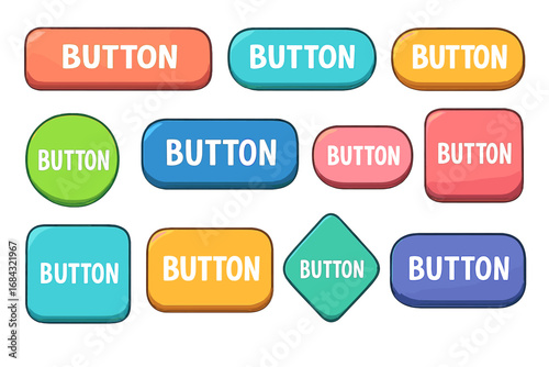 Stylish UI buttons in various vibrant shapes and colors for web and mobile app interfaces, vector cartoon illustration with transparent background, set of colorful interactive design elements