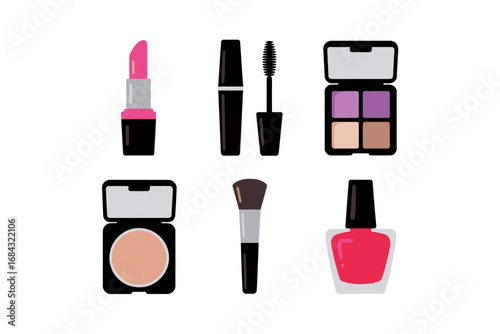 Lipstick mascara foundation icons, powder compact, blush brush, nail polish, eyeshadow palette, feminine beauty accessory illustrations, glam makeup vector pack
