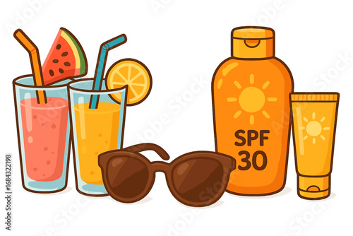 Summer beach vacation essentials with refreshing fruit drinks, stylish sunglasses, and SPF 30 sunscreen bottles for sun protection, cartoon vector illustration