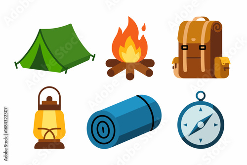 Camping gear collection, tent campfire backpack lantern sleeping bag compass, outdoor adventure icons, hiking equipment, travel nature vector set