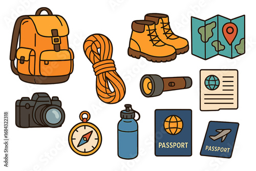 Travel essentials for adventure seekers with hiking boots, climbing rope, compass, flashlight, passport, camera, water bottle, map, and travel documents. Vector cartoon illustration kit.