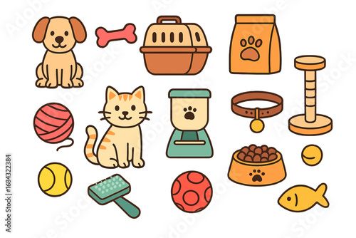Unique Collection of Pet-Related Items Including Dogs, Cats, Toys, Gadgets, Food Bowls, Collars, and Accessories in Minimalist Cartoon Vector Style with Transparent Background