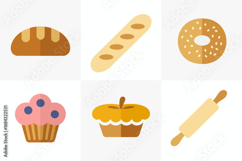 Bakery and pastry icons, loaf baguette bagel cupcake pie rolling pin, fresh baked goods, bakery menu elements, dessert snack vectors