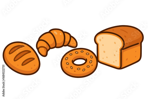 Variety of baked goods assortment featuring bread loaf, croissant, bagel, and artisan bread, colorful vector cartoon illustration with transparent background, bakery food collection