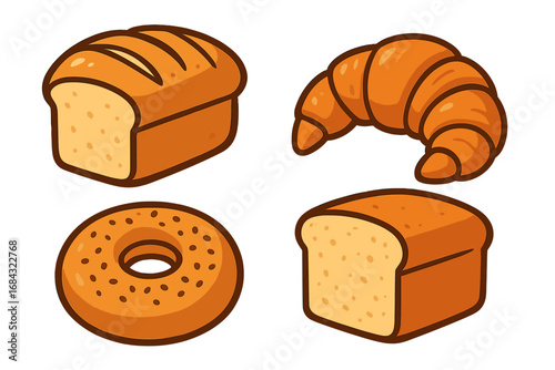 Variety of baked goods including bread, croissant, bagel, and loaf, colorful vector cartoon illustration, bakery collection, food icons with transparent background