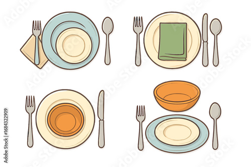 Artistic vector illustration of various elegant table settings with plates, bowls, cutlery, napkins on clean transparent background, cartoon style ordered set