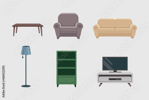 Living room furniture icons, sofa armchair coffee table floor lamp media console, home entertainment shelf, cozy interior decor element illustrations