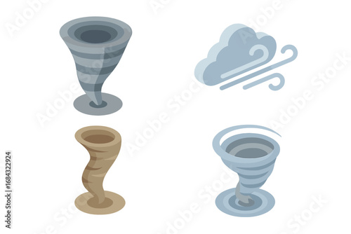 Isometric Flat Wind Phenomena Icons Set, Tornado Funnel, Gust Cloud, Dust Devil, and Whirlwind Swirl Vector Illustrations, Weather and Atmospheric Elements
