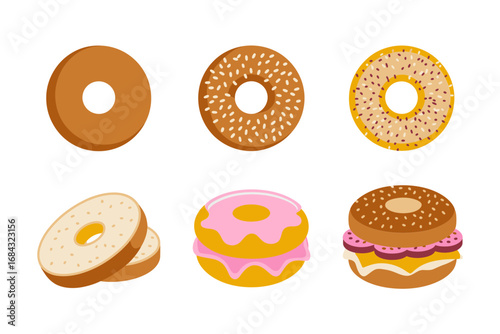 Donut and bagel snack icons, glazed sprinkled sweets and toasted savory rounds, colorful dessert illustrations, cafe menu pastry vector bundle