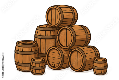 Wooden barrels of various sizes arranged in a rustic creative display, craft fair decoration, vintage wooden casks, cartoon vector illustration with transparent background, ordered set of barrels