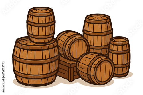 Rustic wooden barrels of various sizes arranged creatively for craft fairs, rustic events, and vintage decor. Vector cartoon illustration with transparent background, ordered set of barrels.