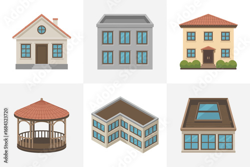 Residential house icons collection, cottage townhouse bungalow gazebo, suburban and urban dwelling variations, architectural facade details, neighborhood map marker graphics