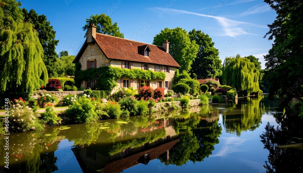 Obraz premium Picturesque cottage by a calm river