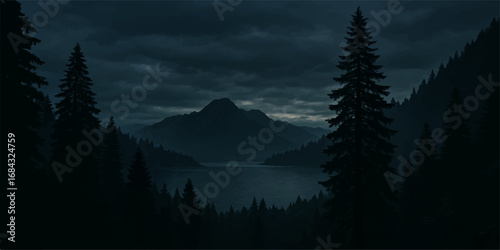 Winter mist settles in a peaceful valley with a view of a snow-covered mountain range at sunrise