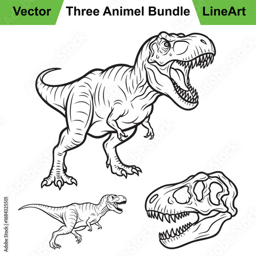Three Ferocious T-Rex Poses as a Prehistoric Line Art Set