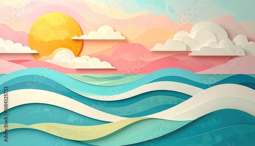 Layered paper illustration of a seascape with colorful, stylized ocean waves, a sun, and layered clouds in pastel hues