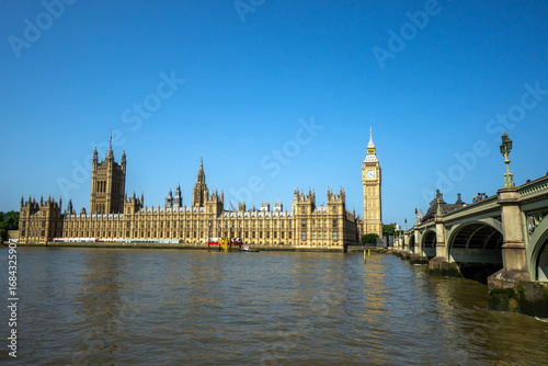Big Ben and Houses of Parliament with Westminster Bridge and River Thames in London
