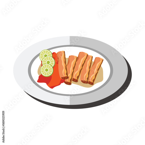 illustration a plate of spring rolls with sauce and lemon