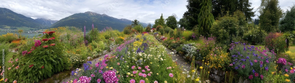 Fototapeta premium Vibrant flower garden panorama nature hdr 360°