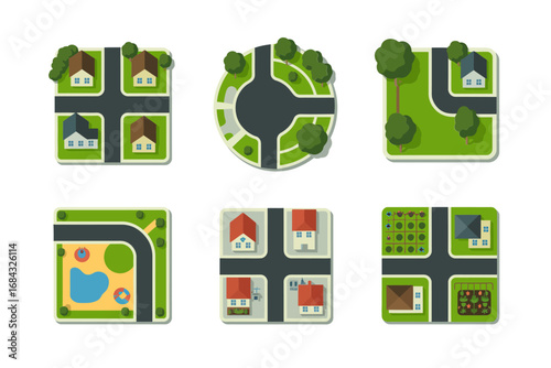 Round town map icons set, circular block tiles, park lake, roundabout junction, four way intersections, residential clusters, city modules