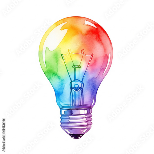 Watercolor rainbow light bulb, creative idea and innovation concept, isolated transparent background