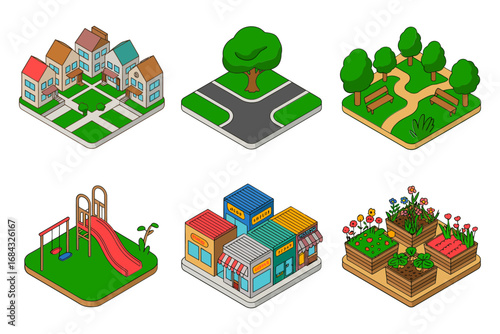 Isometric neighborhood landmark icons, playground slide, community garden, school building, market stall, raised beds, walkways, village green illustration set
