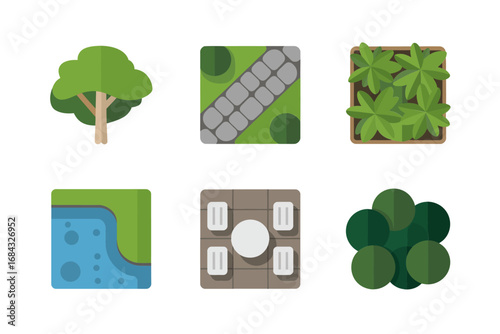 Top down park tiles, square garden modules, paving stones water feature lawn patch, hedge maze segments, landscape design mapping icons