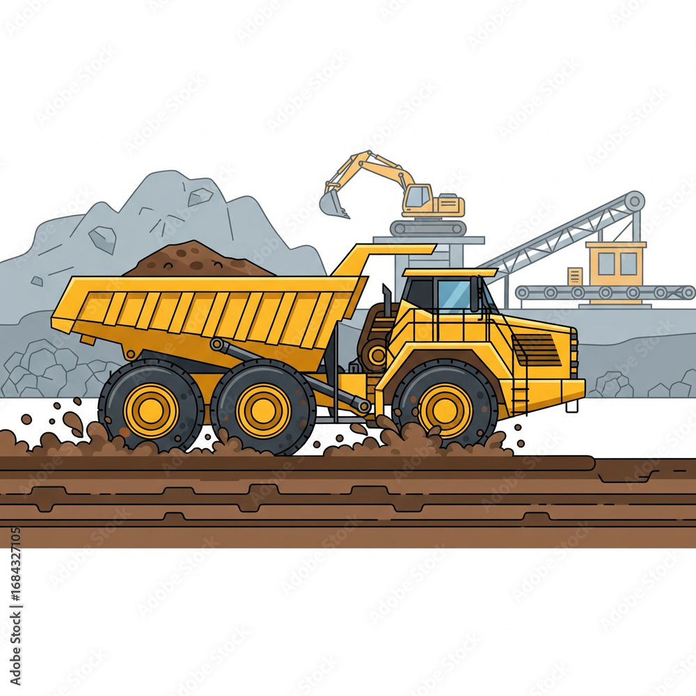Obraz premium An articulated dump truck traversing a muddy road at a mine in a flat 2D style with a plain white background