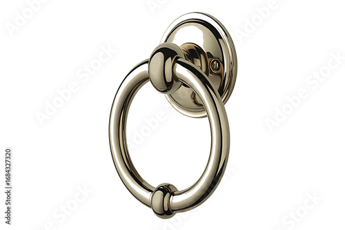 Elegant polished metal ring door knocker with a circular mounting plate, classic architectural hardware for a front door, isolated on a white background