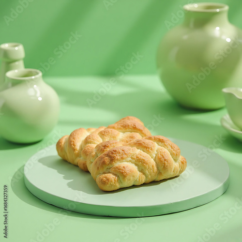 Golden Pastries on Green Plate with White Ceramic Vases in Bright Kitchen Setting