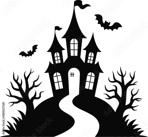 Spooky castle with bats and bare trees halloween haunted