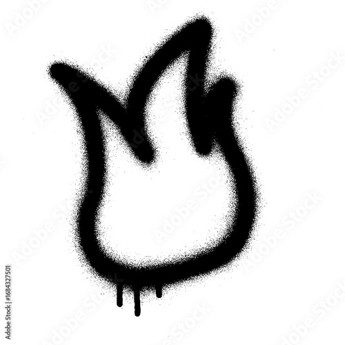 Abstract graffiti-style black flame stencil with spray paint effect on a white background.