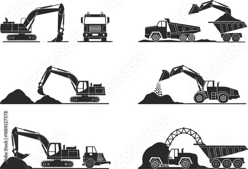 Excavator loading truck, dump truck icon, loader dumping material, bulldozer, conveyor belt, construction vehicle, heavy machinery, earthmoving equipment, flat vector illustration
