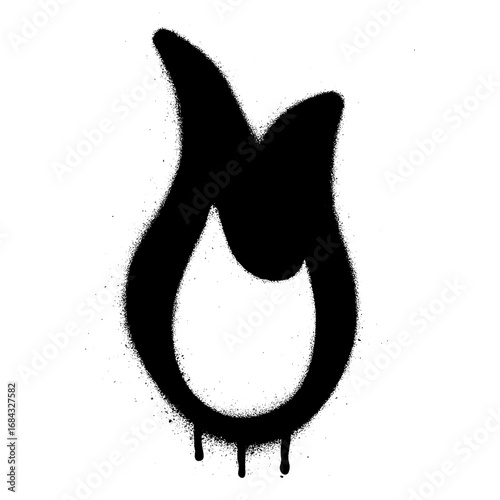Abstract graffiti-style black flame stencil with spray paint effect on a white background.