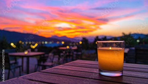 A candle glows on a wooden table, against a vibrant sunset and blurred city lights in the distance, creating a warm and atmospheric scene