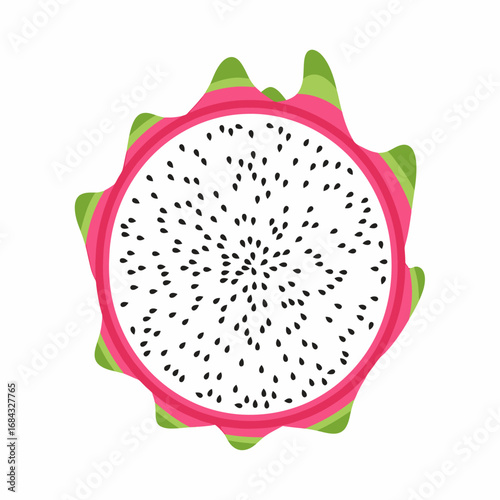 Vibrant flat vector illustration of a sliced fresh pitaya. This dragon fruit icon represents a healthy eating concept, tropical nutrition, and exotic superfoods