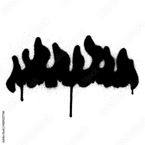 Abstract graffiti-style black flame stencil with spray paint effect on a white background.