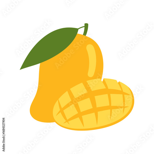 Exotic tropical mango fruit, whole with a leaf and a cross-hatched slice, representing fresh, healthy, and organic food concepts