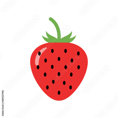 A simple and vibrant red strawberry icon with green leaves, isolated on a clean white background. Flat vector graphic illustration of a fresh, ripe berry