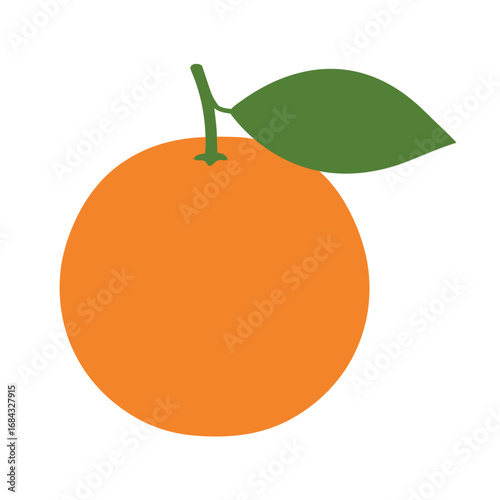 A vibrant and simple graphic illustration of a whole orange citrus fruit with a single green leaf, isolated on a white background