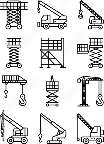 Scissor lift icon, mobile crane, compact crane, platform lift, gantry crane, tower crane, crawler crane, truck crane, construction equipment, flat vector illustration